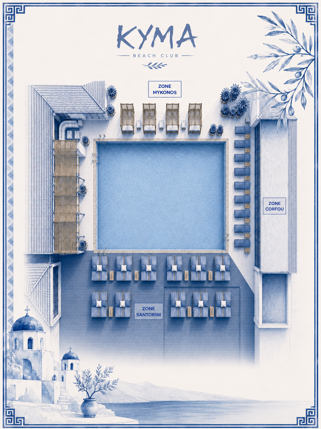 Plan du Kyma Beach Club — zones Mykonos, Corfou et Santorini